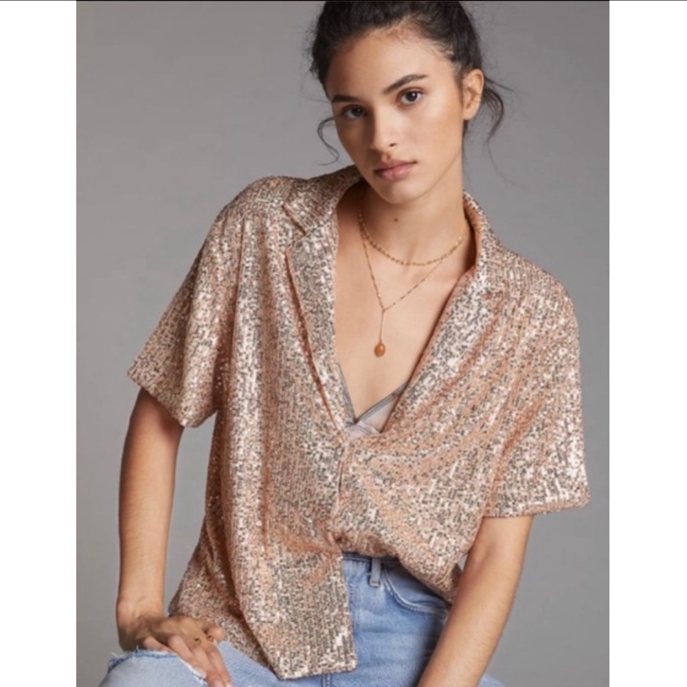 Anthropologie x Sunday in Brooklyn Draped Sequined Buttondown